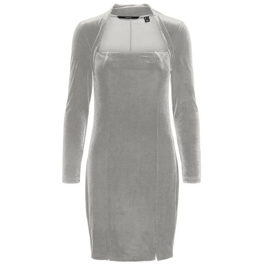 VERO MODA Dana Long Sleeve Velvet Dress In Ghost silver